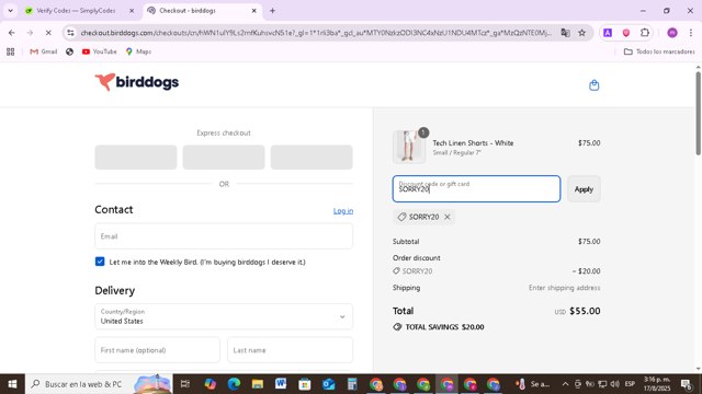 Birddogs checkout page showing Birddogs discount code box | Screenshot taken by SimplyCodes community member on Aug 17, 2025