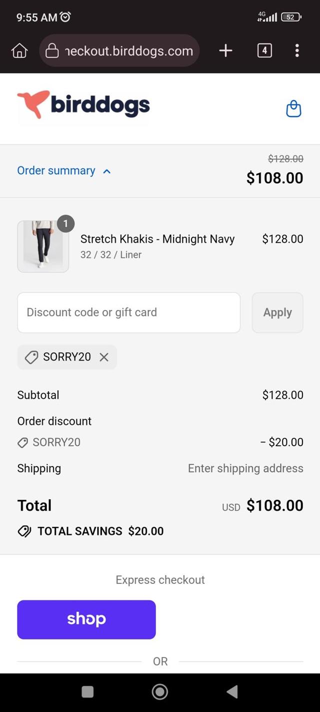 Birddogs checkout page showing Birddogs discount code box | Screenshot taken by SimplyCodes community member on Sep 6, 2025