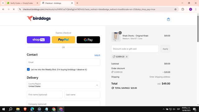 Birddogs checkout page showing Birddogs discount code box | Screenshot taken by SimplyCodes community member on Aug 16, 2025