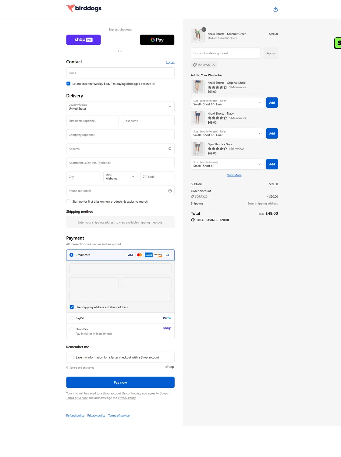 Birddogs discount code screenshot showing code SORRY20 applied at Birddogs checkout page. Uploaded by SimplyCodes community member Serdanvz on Aug 16, 2025