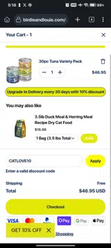 CATLOVE10 coupon verification screenshot