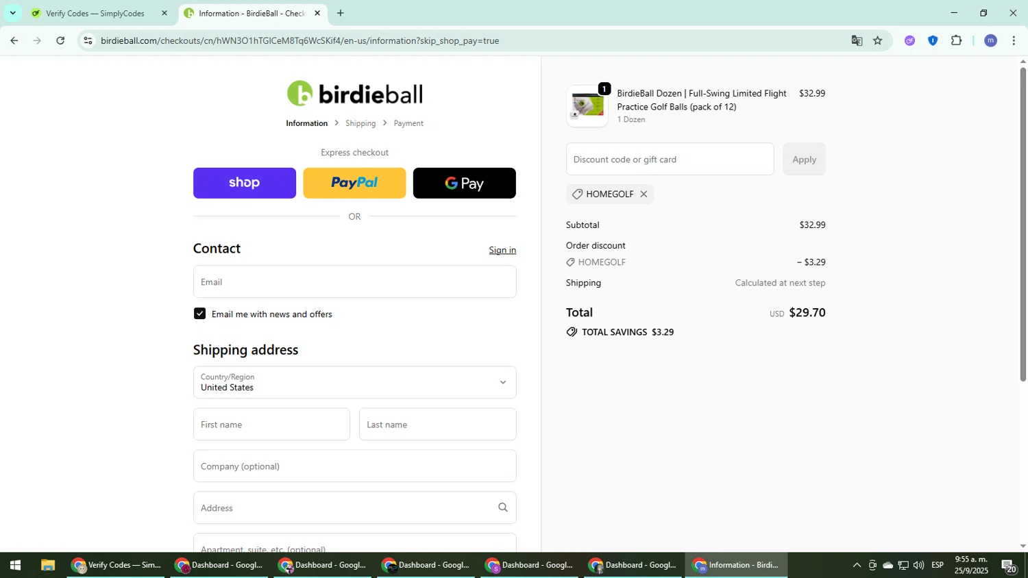 Birdie Ball discount code screenshot showing code HOMEGOLF applied at Birdie Ball checkout page. Uploaded by SimplyCodes community member QuestDefender2661 on Sep 25, 2025