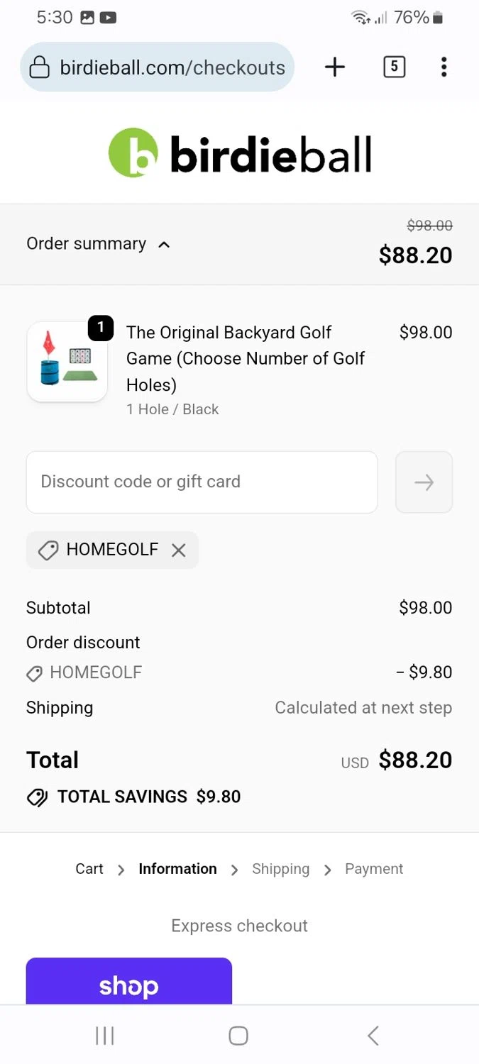Birdie Ball discount code screenshot showing code HOMEGOLF applied at Birdie Ball checkout page. Uploaded by SimplyCodes community member ScanMaverick9378 on Dec 5, 2025
