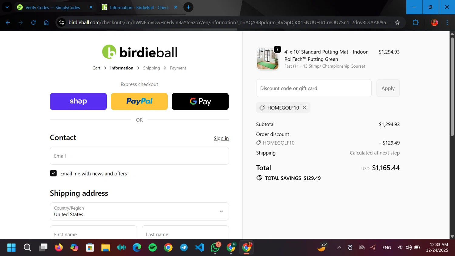Birdie Ball discount code screenshot showing code homegolf10 applied at Birdie Ball checkout page. Uploaded by SimplyCodes community member ELGOAT on Dec 24, 2025