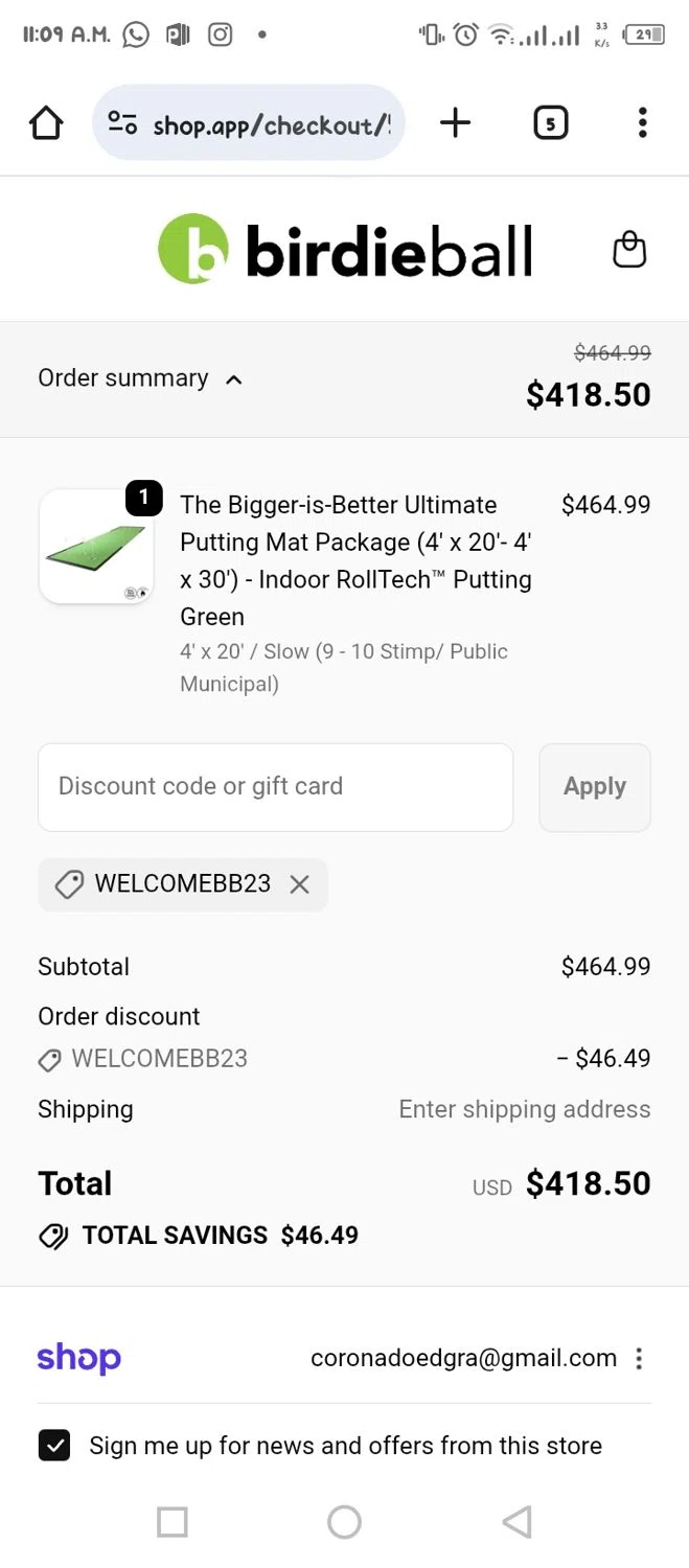 Birdie Ball discount code screenshot showing code WELCOMEBB23 applied at Birdie Ball checkout page. Uploaded by SimplyCodes community member BonusVoyager4214 on Oct 23, 2025