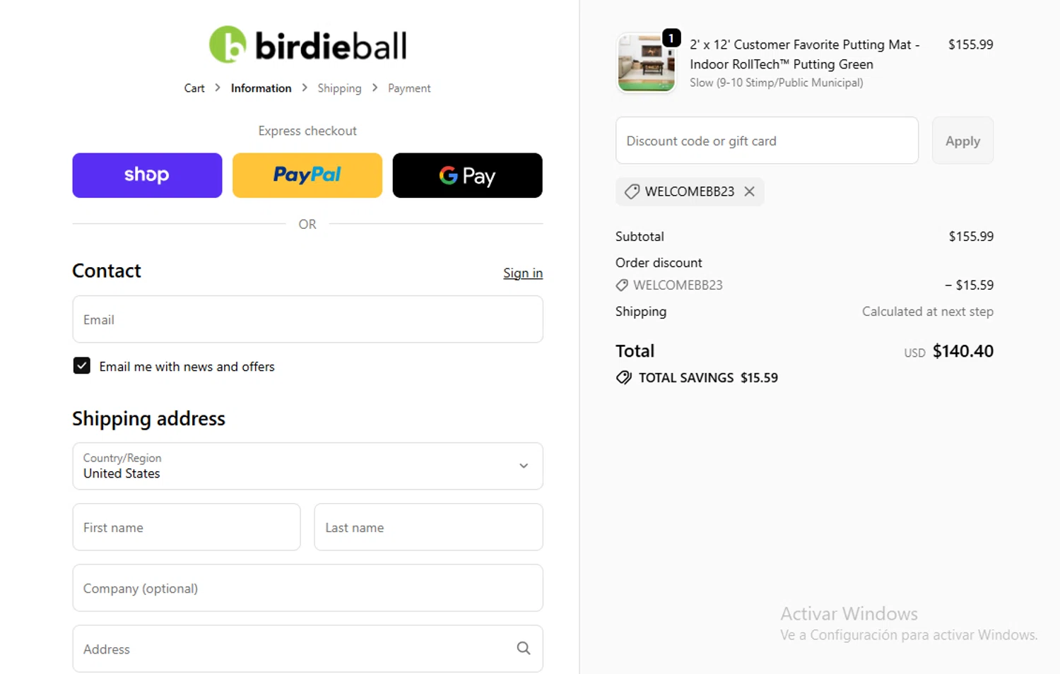 Birdie Ball discount code screenshot showing code WELCOMEBB23 applied at Birdie Ball checkout page. Uploaded by SimplyCodes community member Gary_23 on Oct 7, 2025
