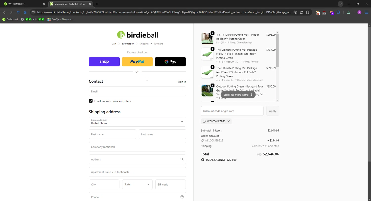 Birdie Ball discount code screenshot showing code WELCOMEBB23 applied at Birdie Ball checkout page. Uploaded by SimplyCodes community member WonderMaverick6123 on Jan 8, 2026