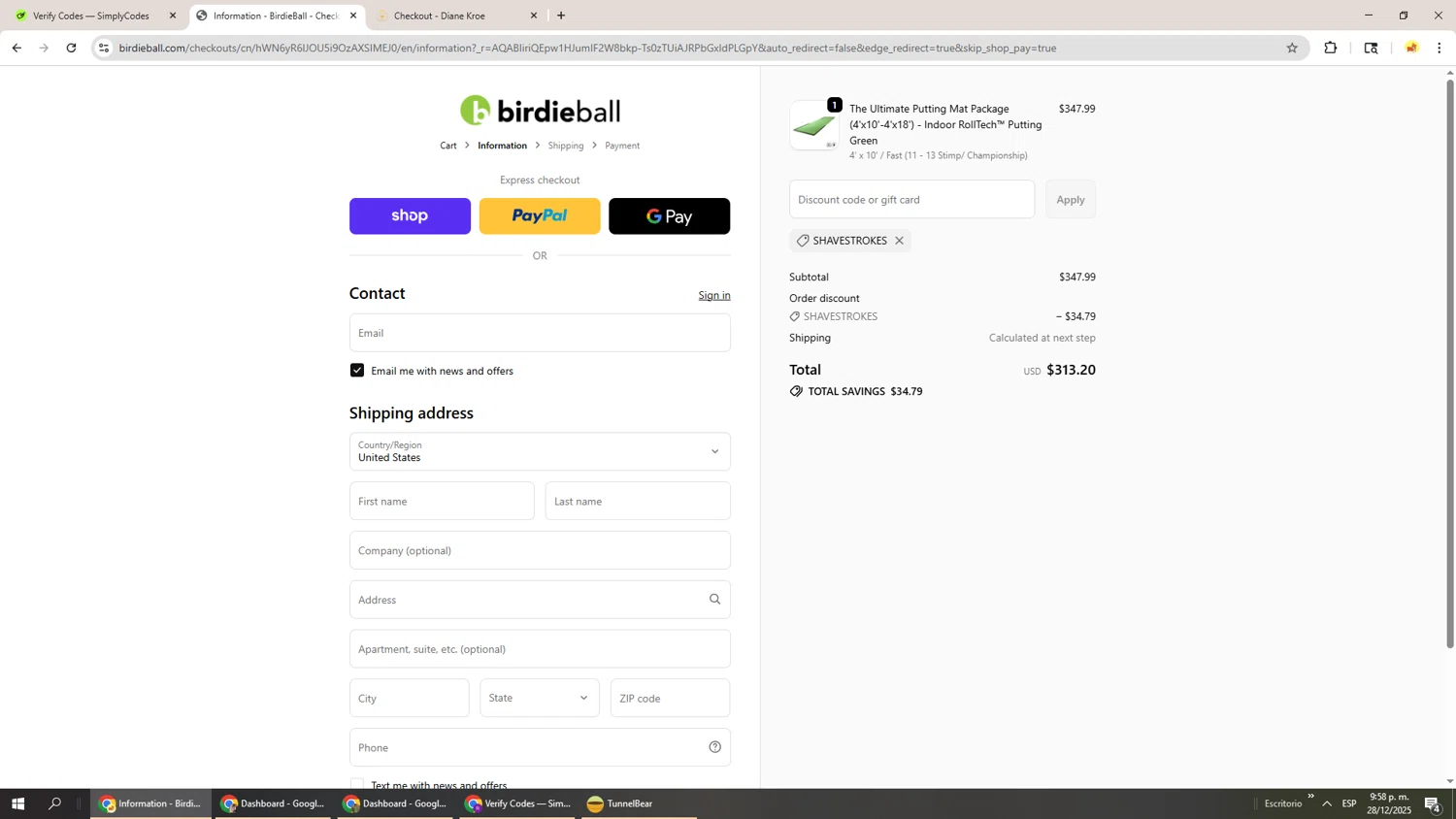 Birdie Ball discount code screenshot showing code ShaveStrokes applied at Birdie Ball checkout page. Uploaded by SimplyCodes community member Richard251 on Dec 29, 2025