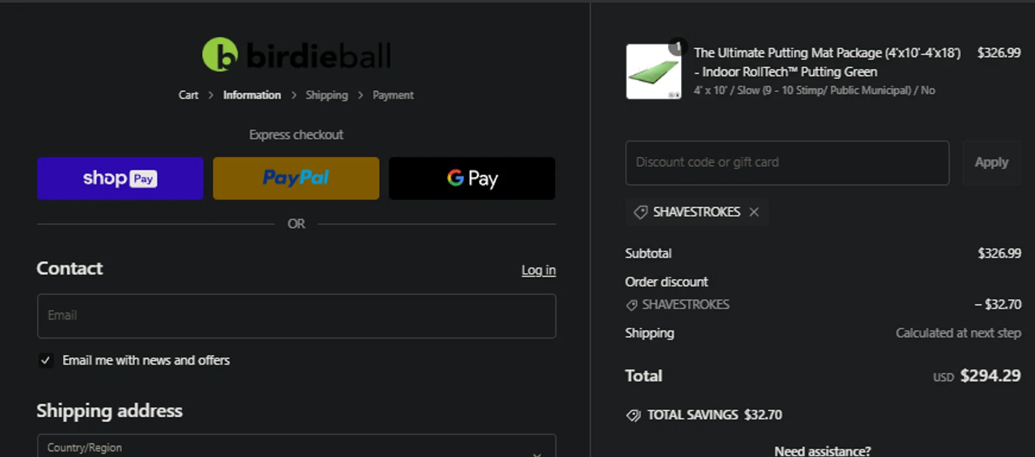 Birdie Ball discount code screenshot showing code ShaveStrokes applied at Birdie Ball checkout page. Uploaded by SimplyCodes community member SpiderGwen on Feb 18, 2025
