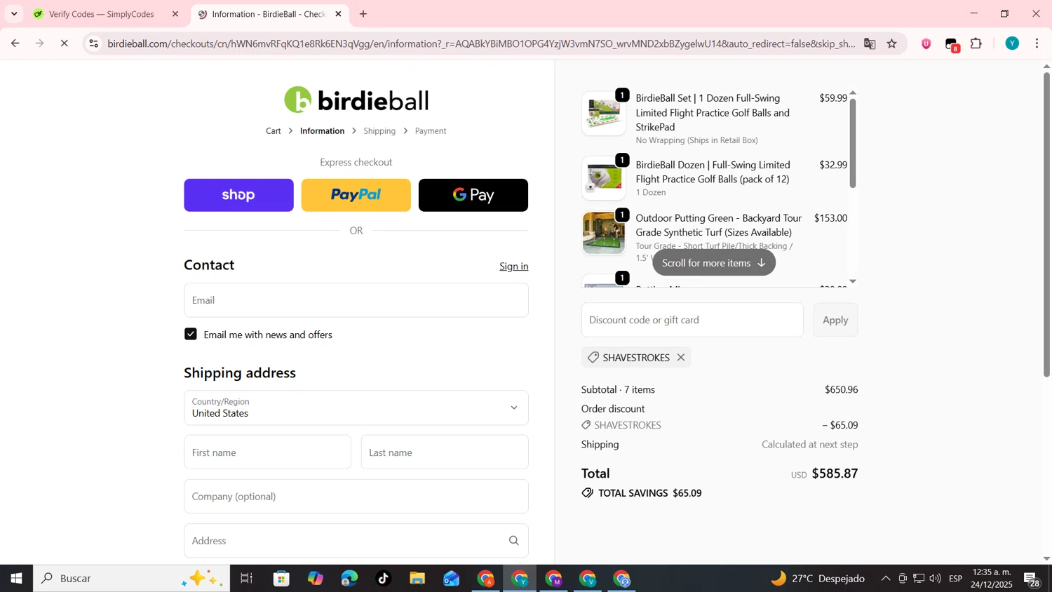 Birdie Ball discount code screenshot showing code ShaveStrokes applied at Birdie Ball checkout page. Uploaded by SimplyCodes community member codygakpo on Dec 24, 2025