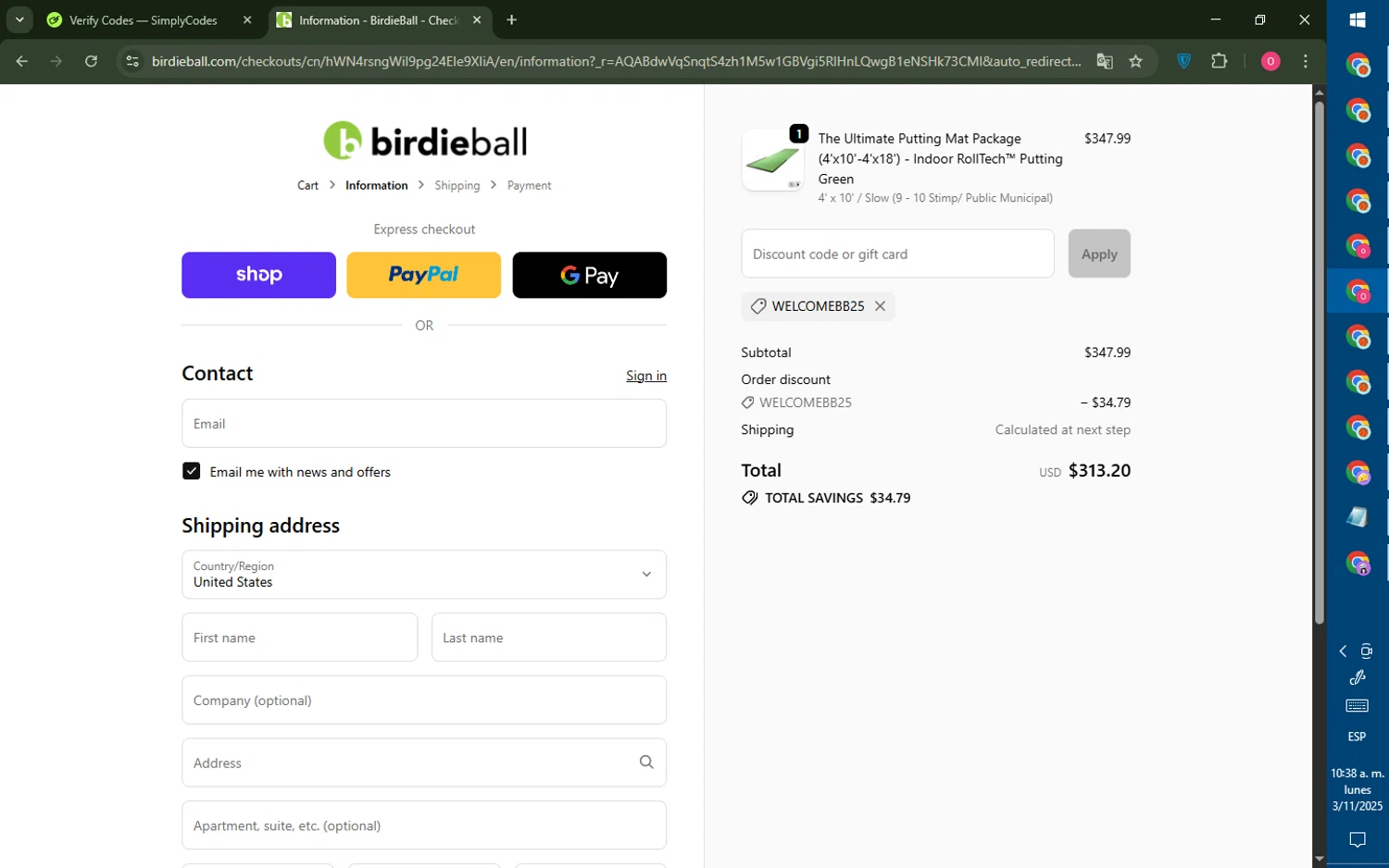 Birdie Ball discount code screenshot showing code WELCOMEBB25 applied at Birdie Ball checkout page. Uploaded by SimplyCodes community member LegendaryRanger6350 on Nov 3, 2025