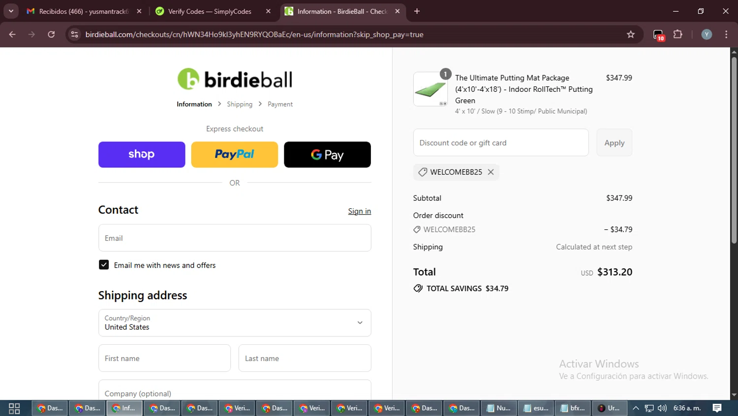 Birdie Ball discount code screenshot showing code WELCOMEBB25 applied at Birdie Ball checkout page. Uploaded by SimplyCodes community member MoneyTiger5162 on Sep 17, 2025