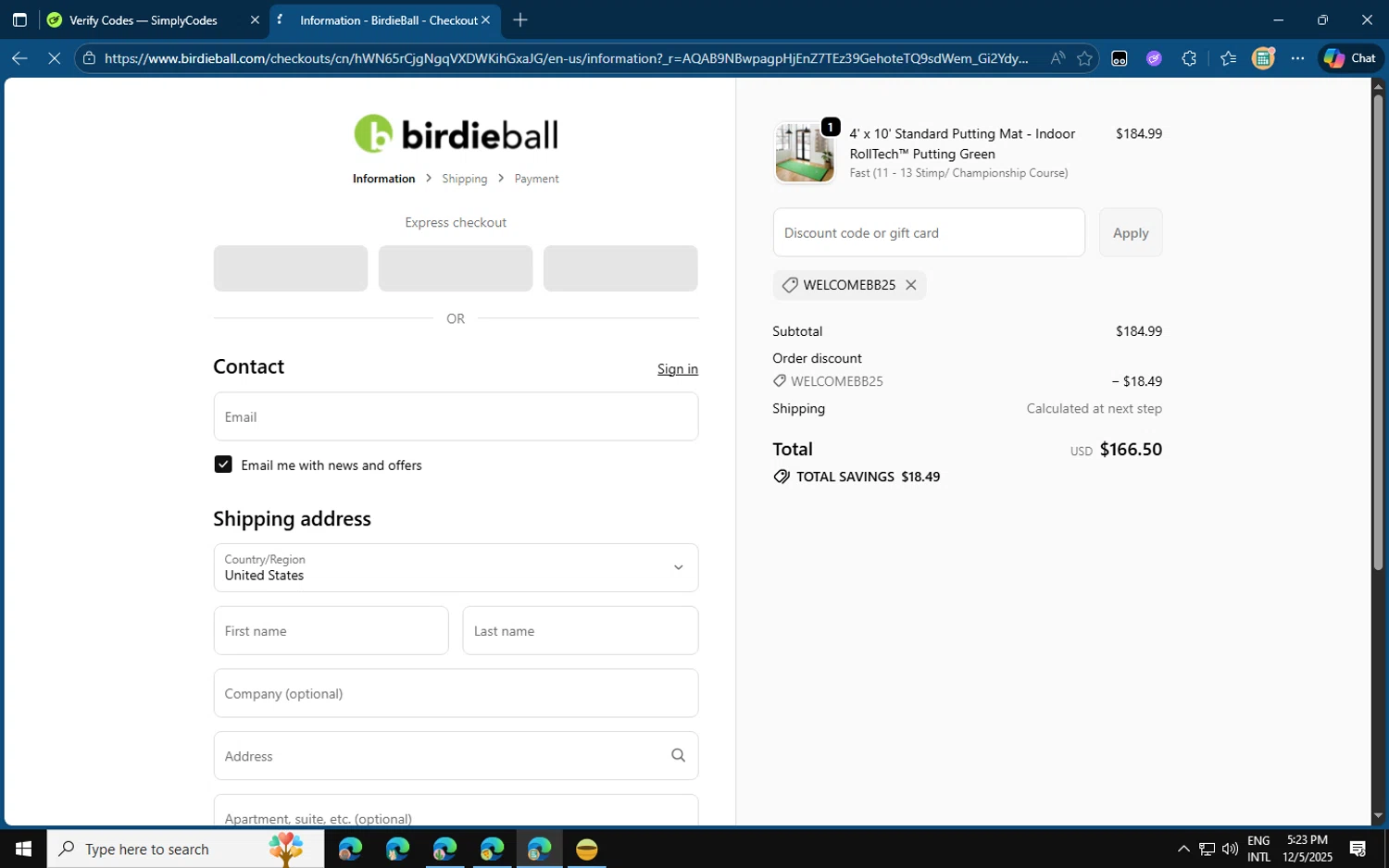 Birdie Ball discount code screenshot showing code WELCOMEBB25 applied at Birdie Ball checkout page. Uploaded by SimplyCodes community member jvllsk3 on Dec 5, 2025