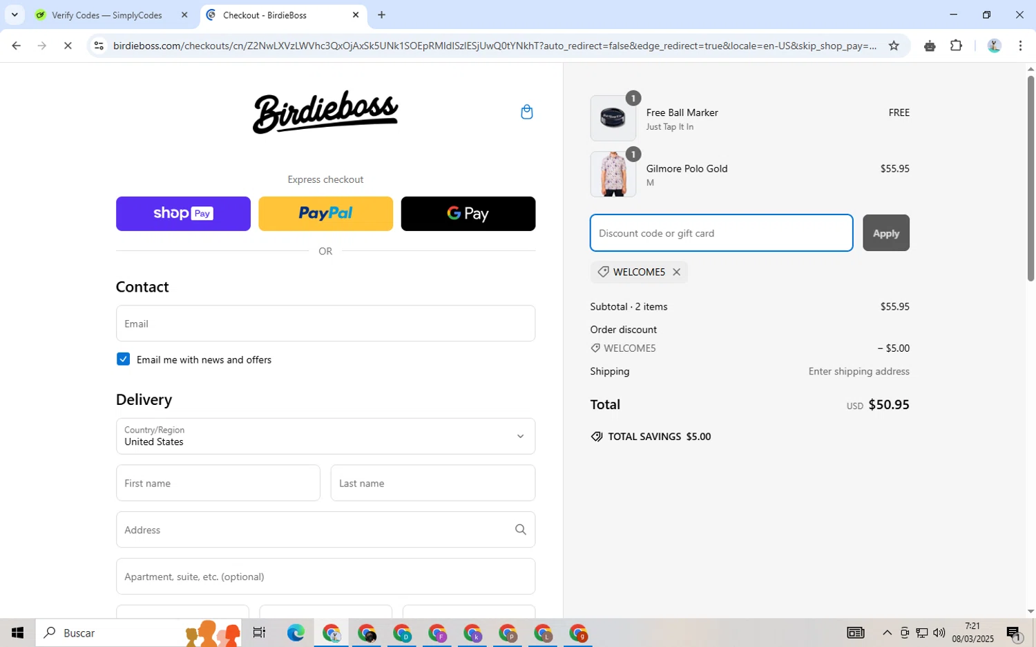 BirdieBoss discount code screenshot showing code WELCOME5 applied at BirdieBoss checkout page. Uploaded by SimplyCodes community member LegendaryWarden2503 on Mar 8, 2025