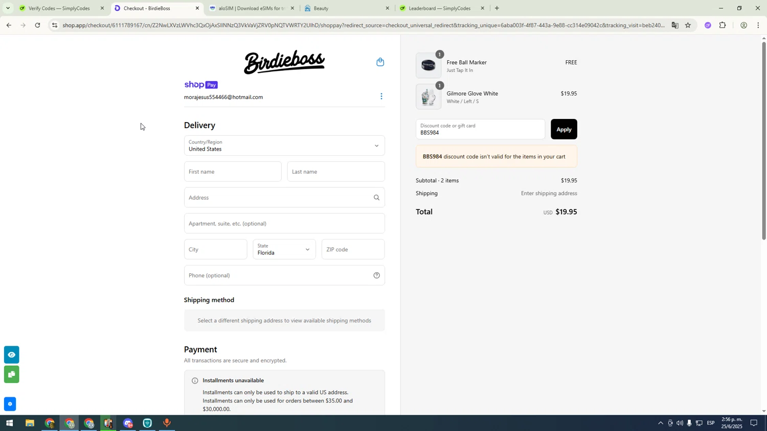BirdieBoss discount code screenshot showing code BBS984 applied at BirdieBoss checkout page. Uploaded by SimplyCodes community member sfdfgdsfgdfgdfg on Jun 25, 2025