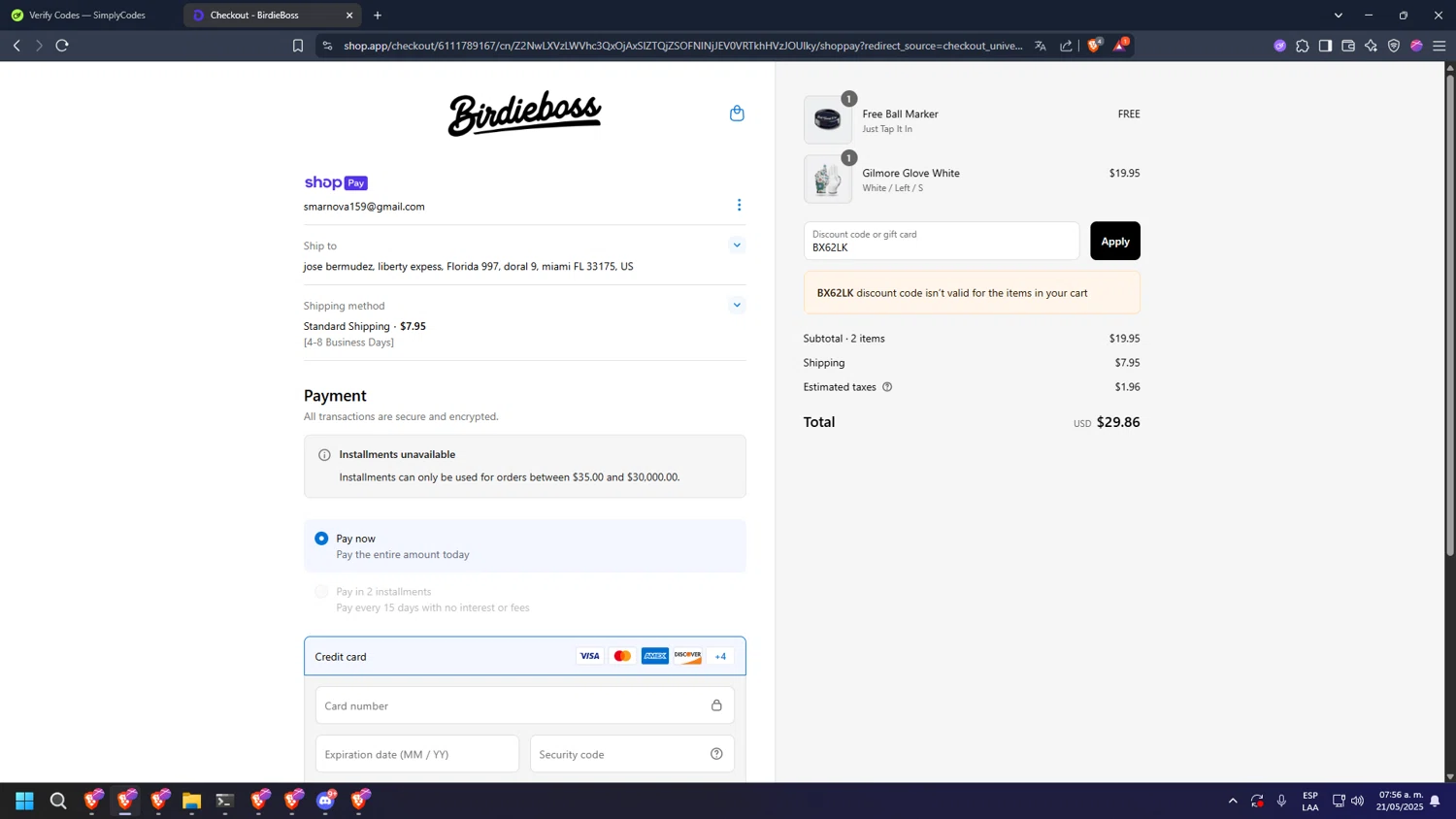 BirdieBoss discount code screenshot showing code BX62LK applied at BirdieBoss checkout page. Uploaded by SimplyCodes community member diosgreed2030 on May 21, 2025