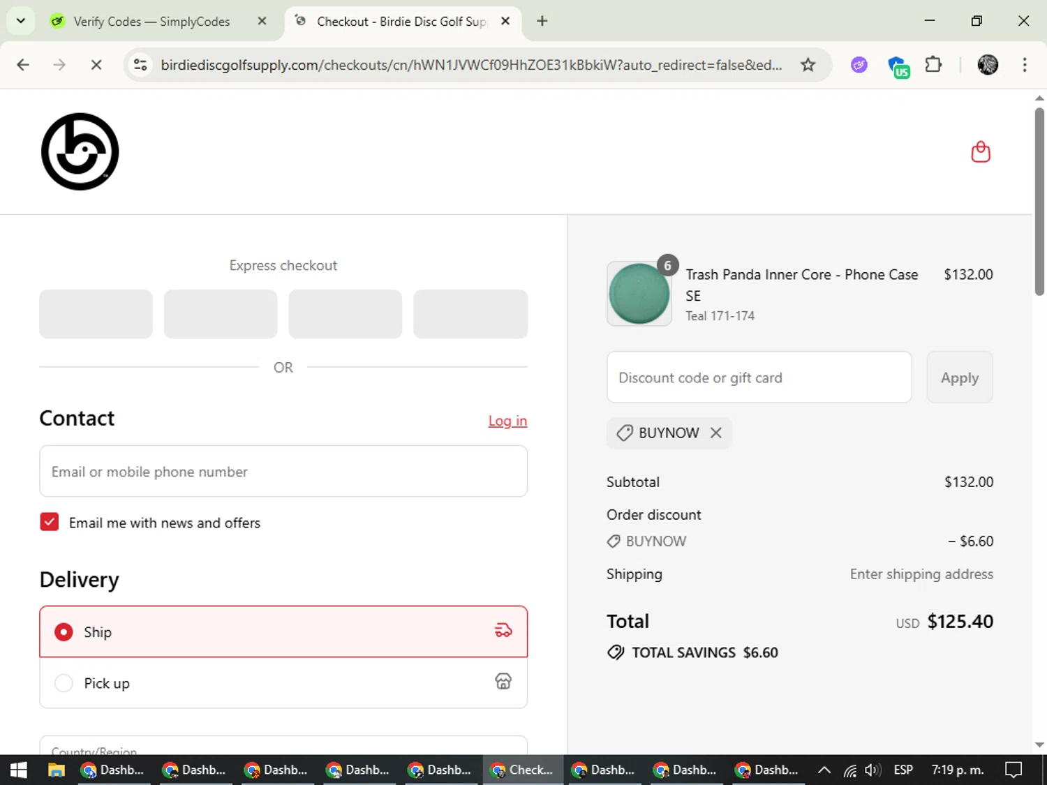 Birdie Disc Golf Supply Co. promo code screenshot showing code BuyNow applied at Birdie Disc Golf Supply Co. checkout page. Uploaded by SimplyCodes community member PrimeKnight6101 on Aug 1, 2025
