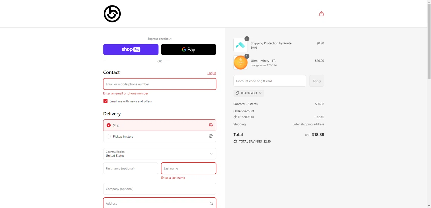 Birdie Disc Golf Supply Co. promo code screenshot showing code ThankYou applied at Birdie Disc Golf Supply Co. checkout page. Uploaded by SimplyCodes community member PromoAdmiral6652 on Jul 11, 2025