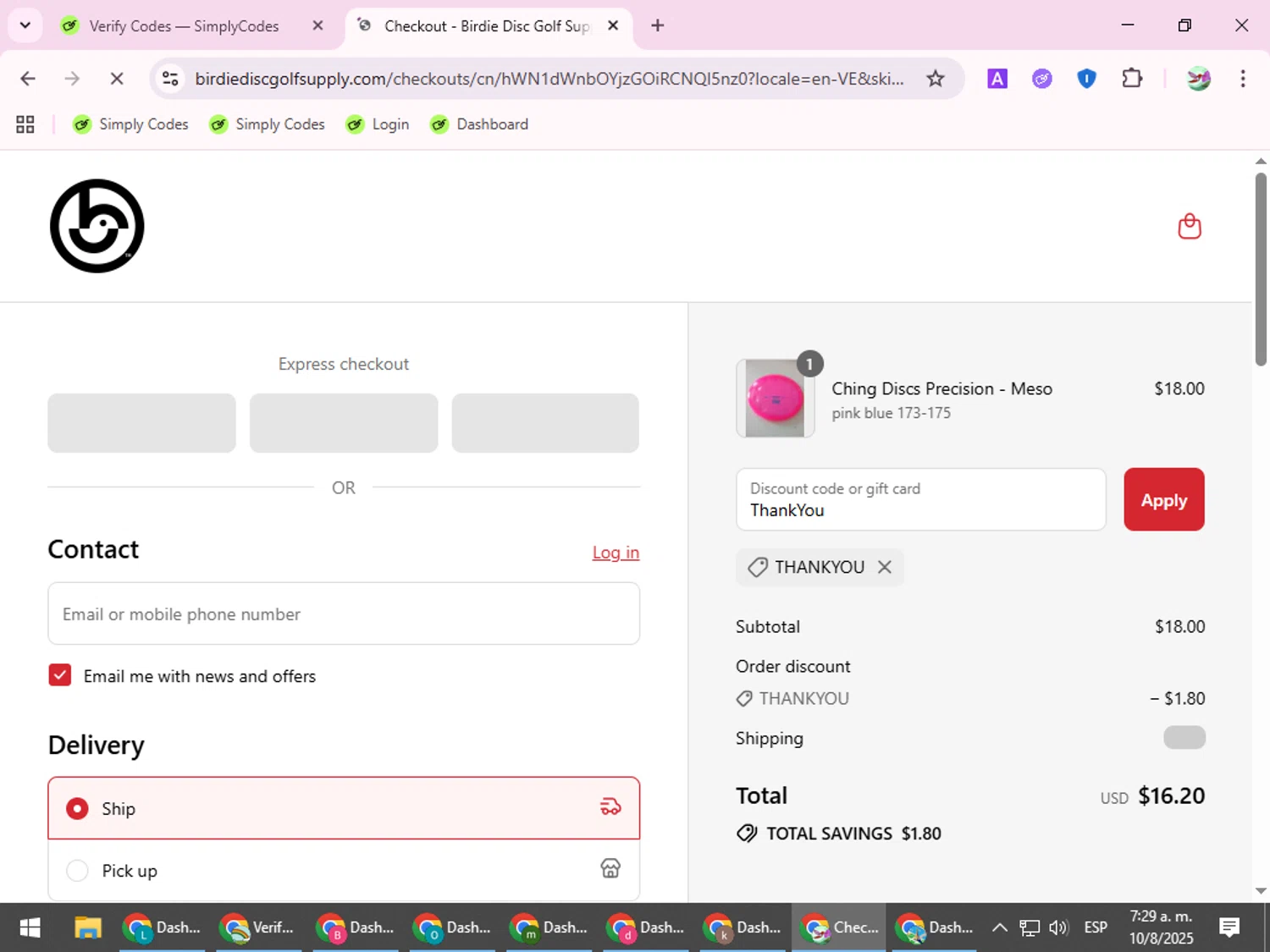 Birdie Disc Golf Supply Co. promo code screenshot showing code ThankYou applied at Birdie Disc Golf Supply Co. checkout page. Uploaded by SimplyCodes community member SilverExpert5694 on Aug 10, 2025