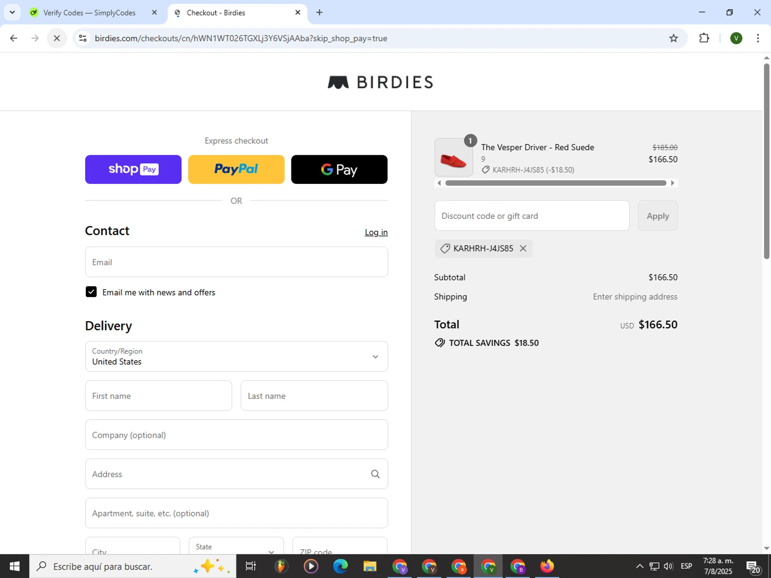 Birdies Slippers promo code screenshot showing code KARHRH-J4JS85 applied at Birdies Slippers checkout page. Uploaded by SimplyCodes community member PrimeWizard4168 on Aug 7, 2025