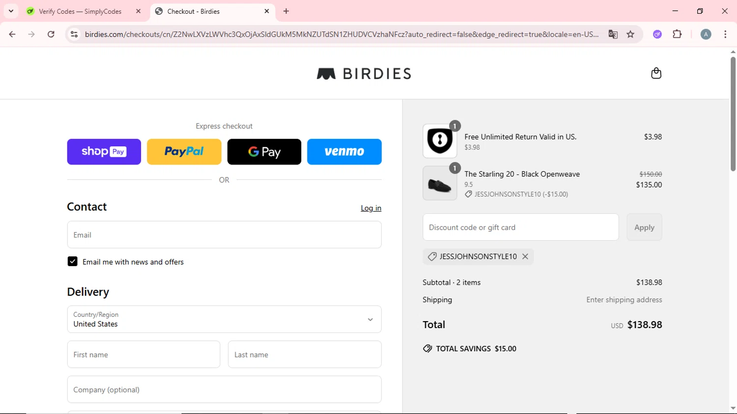 Birdies Slippers promo code screenshot showing code JESSJOHNSONSTYLE10 applied at Birdies Slippers checkout page. Uploaded by SimplyCodes community member CrownSpotter6947 on May 30, 2025