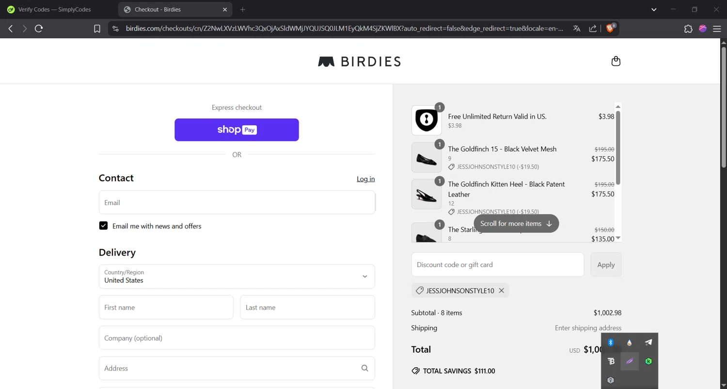 Birdies Slippers promo code screenshot showing code JESSJOHNSONSTYLE10 applied at Birdies Slippers checkout page. Uploaded by SimplyCodes community member Henyo36 on Jun 3, 2025