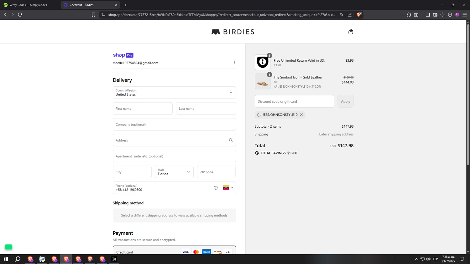 Birdies Slippers promo code screenshot showing code JESSJOHNSONSTYLE10 applied at Birdies Slippers checkout page. Uploaded by SimplyCodes community member SinManosFast on Jul 21, 2025