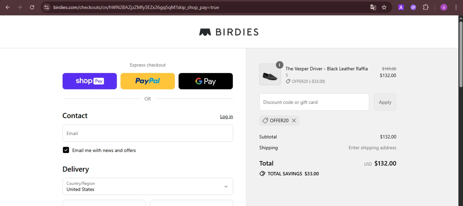 Birdies Slippers promo code screenshot showing code offer20 applied at Birdies Slippers checkout page. Uploaded by SimplyCodes community member PennyTiger4891 on Aug 24, 2025