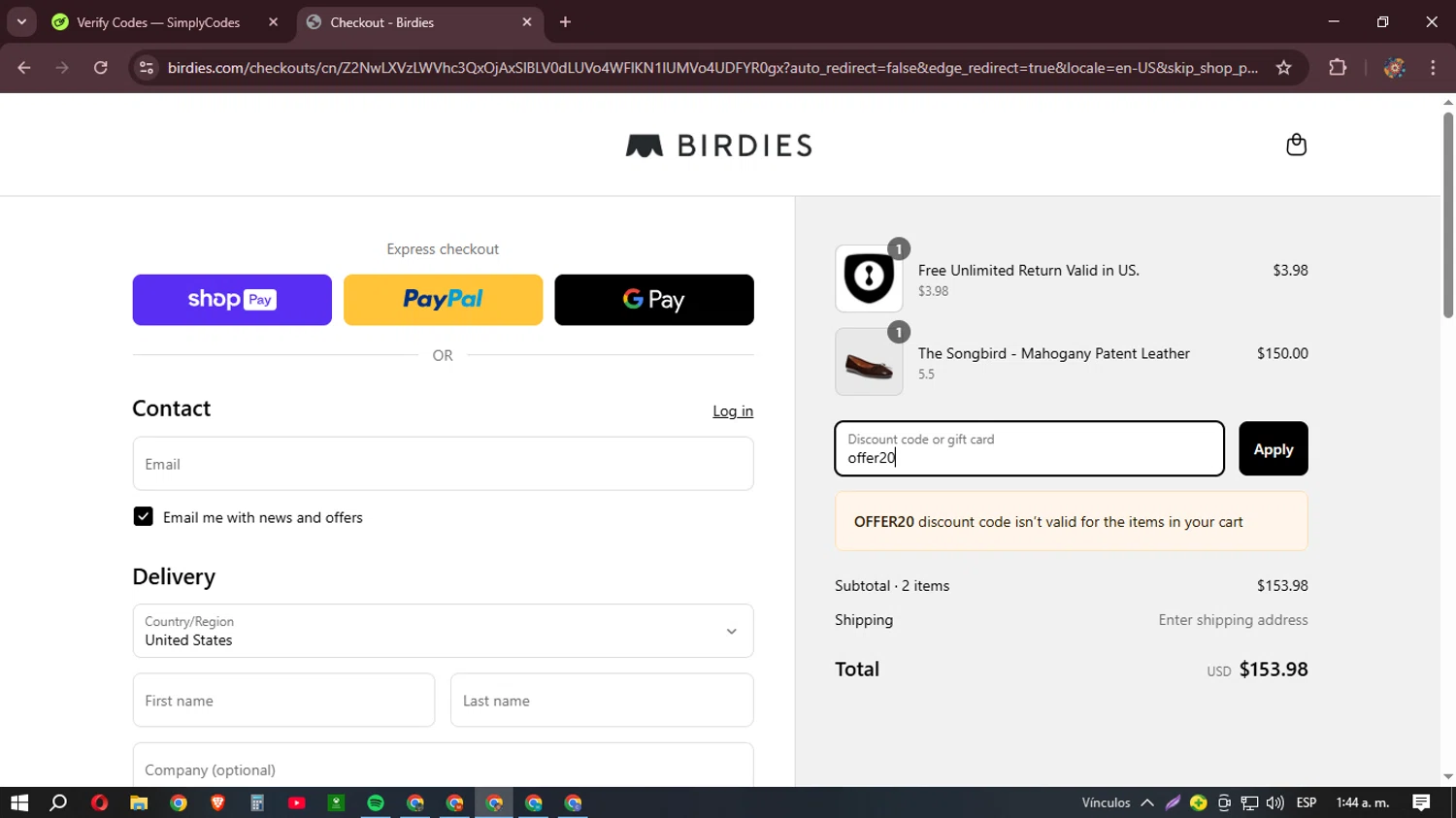 Birdies Slippers promo code screenshot showing code offer20 applied at Birdies Slippers checkout page. Uploaded by SimplyCodes community member BudgetHunter9184 on Mar 18, 2025