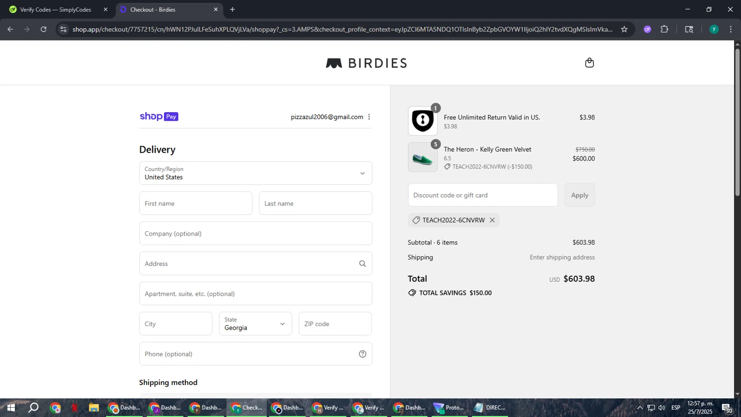 Birdies Slippers promo code screenshot showing code TEACH2022-6CNVRW applied at Birdies Slippers checkout page. Uploaded by SimplyCodes community member FrugalCaptain6906 on Jul 25, 2025