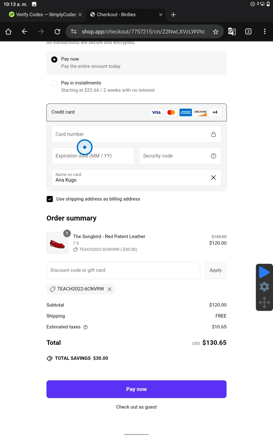 Birdies Slippers promo code screenshot showing code TEACH2022-6CNVRW applied at Birdies Slippers checkout page. Uploaded by SimplyCodes community member SmartWhiz9028 on Jun 3, 2025