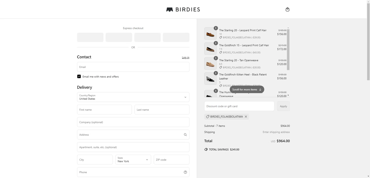 Birdies Slippers promo code screenshot showing code Birdies_FOLAKEBOLATIWA applied at Birdies Slippers checkout page. Uploaded by SimplyCodes community member CleverHawk1744 on May 29, 2025