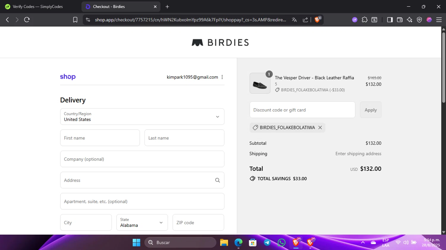 Birdies Slippers promo code screenshot showing code Birdies_FOLAKEBOLATIWA applied at Birdies Slippers checkout page. Uploaded by SimplyCodes community member Pinkicuat on Aug 28, 2025
