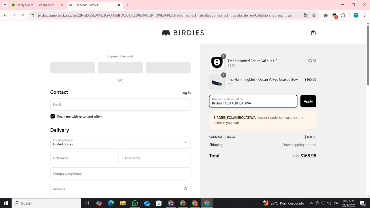 Birdies Slippers promo code screenshot showing code Birdies_FOLAKEBOLATIWA applied at Birdies Slippers checkout page. Uploaded by SimplyCodes community member codygakpo on Mar 27, 2025