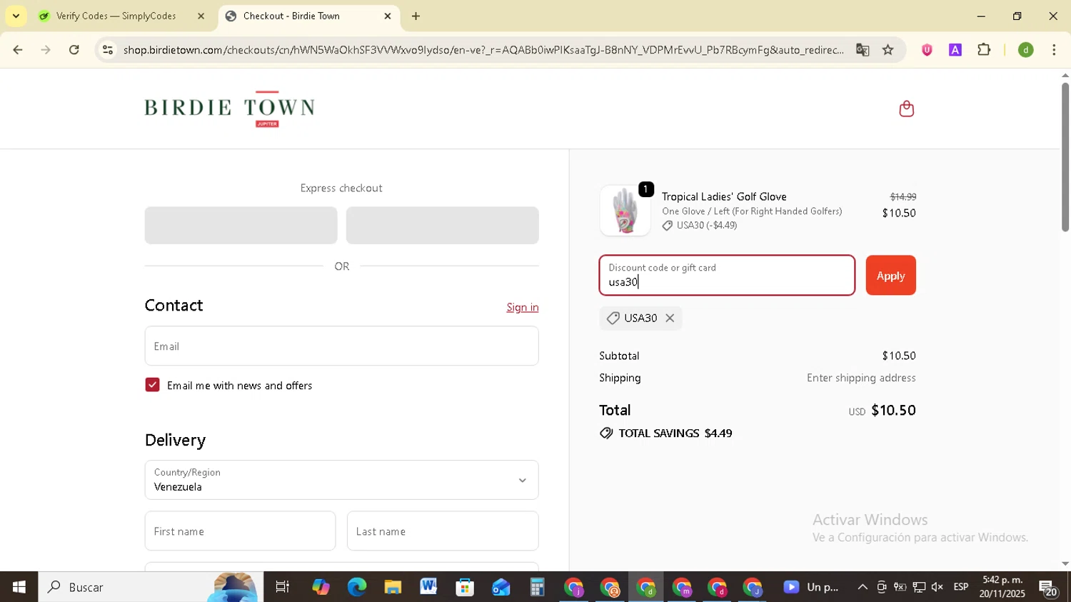 Birdie Town discount code screenshot showing code usa30 applied at Birdie Town checkout page. Uploaded by SimplyCodes community member SavingsSentinel833 on Nov 20, 2025