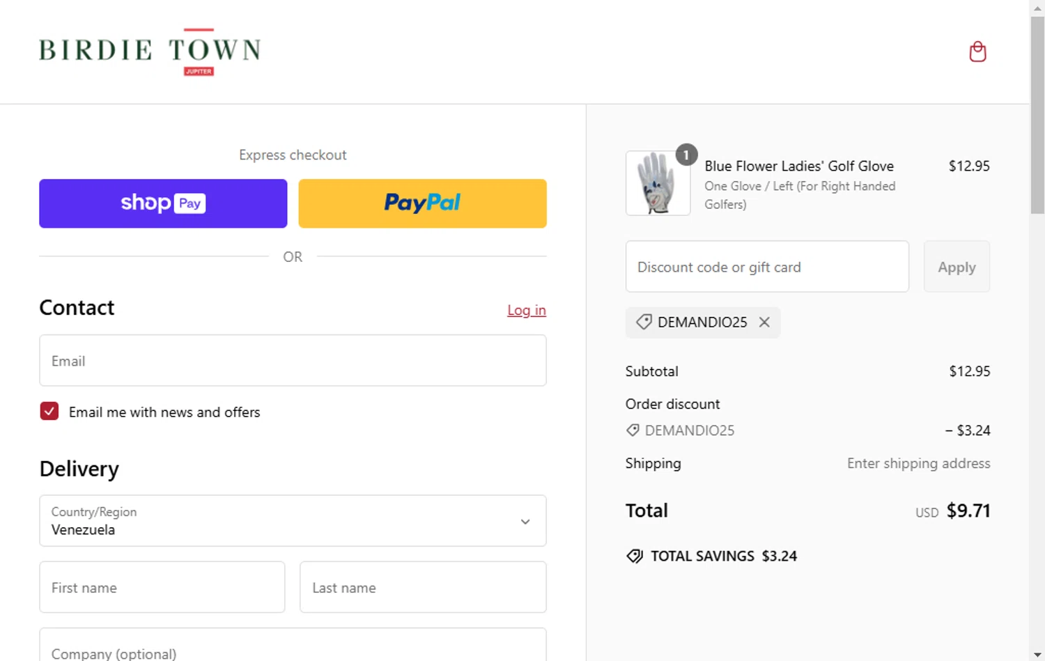 Birdie Town discount code screenshot showing code DEMANDIO25 applied at Birdie Town checkout page. Uploaded by SimplyCodes community member MagnificentFalcon188 on Mar 1, 2025
