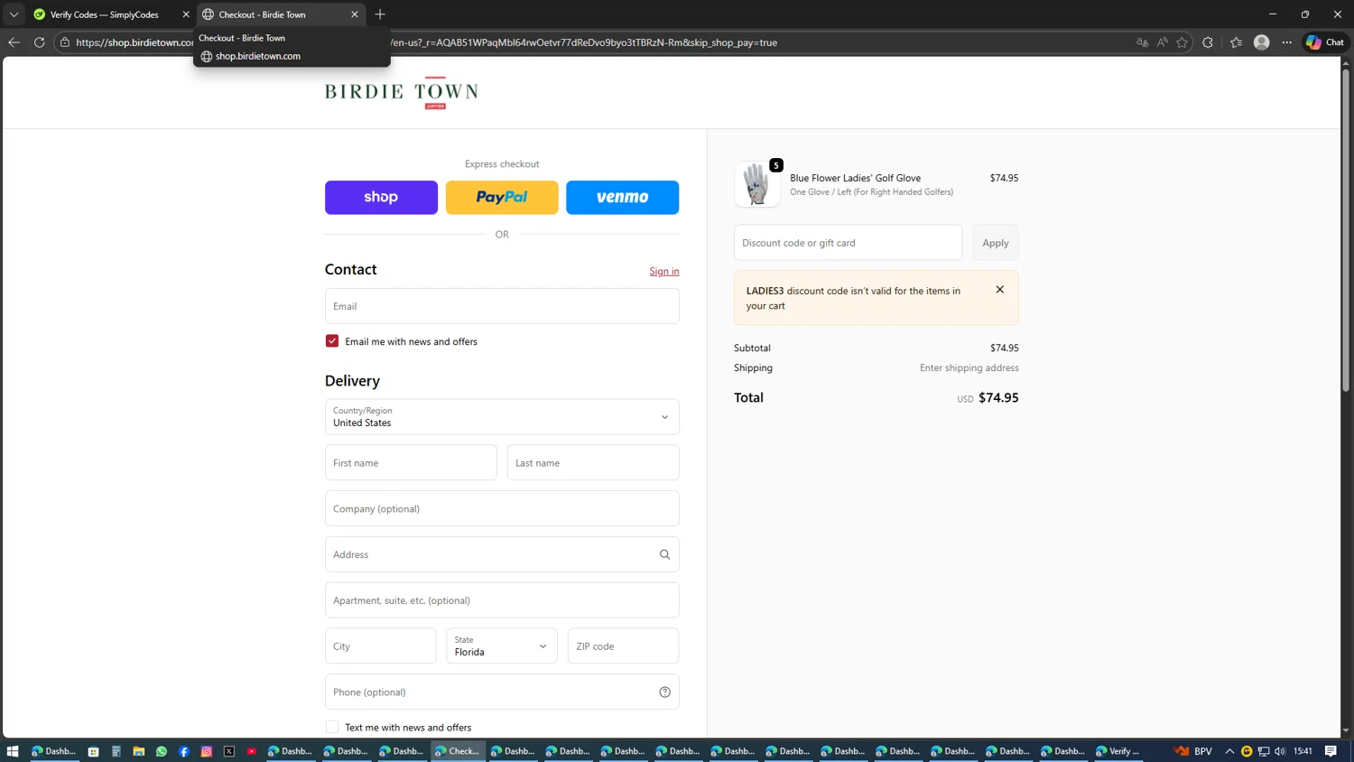 Birdie Town checkout page showing Birdie Town discount code box | Screenshot taken by SimplyCodes community member on Feb 9, 2026