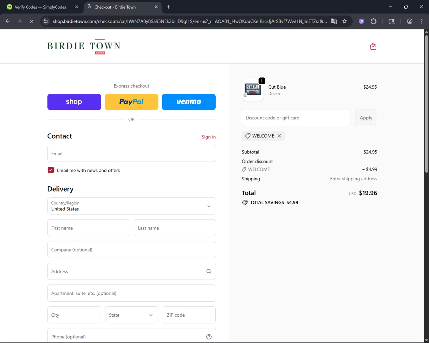 Birdie Town discount code screenshot showing code Welcome applied at Birdie Town checkout page. Uploaded by SimplyCodes community member CleverFinder9623 on Jan 3, 2026