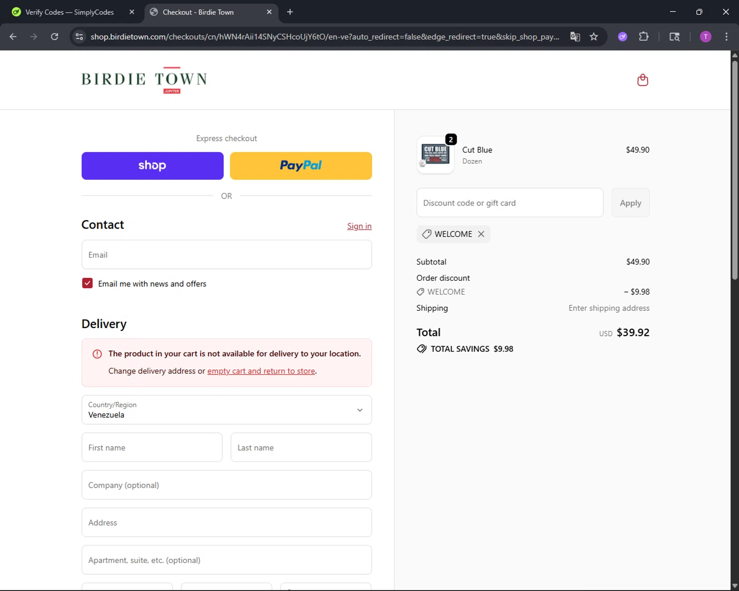 Birdie Town discount code screenshot showing code Welcome applied at Birdie Town checkout page. Uploaded by SimplyCodes community member CleverFinder9623 on Nov 3, 2025