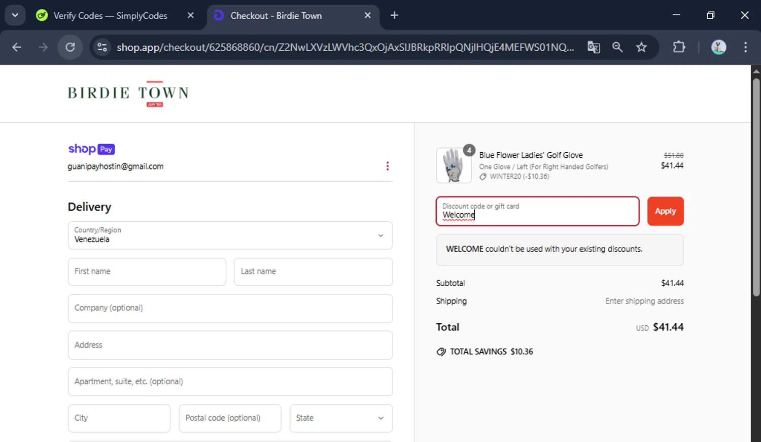 Birdie Town discount code screenshot showing code Welcome applied at Birdie Town checkout page. Uploaded by SimplyCodes community member toti2222 on Apr 8, 2025