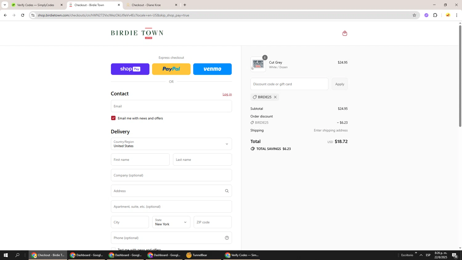 Birdie Town discount code screenshot showing code Birdie25 applied at Birdie Town checkout page. Uploaded by SimplyCodes community member Richard251 on Aug 23, 2025