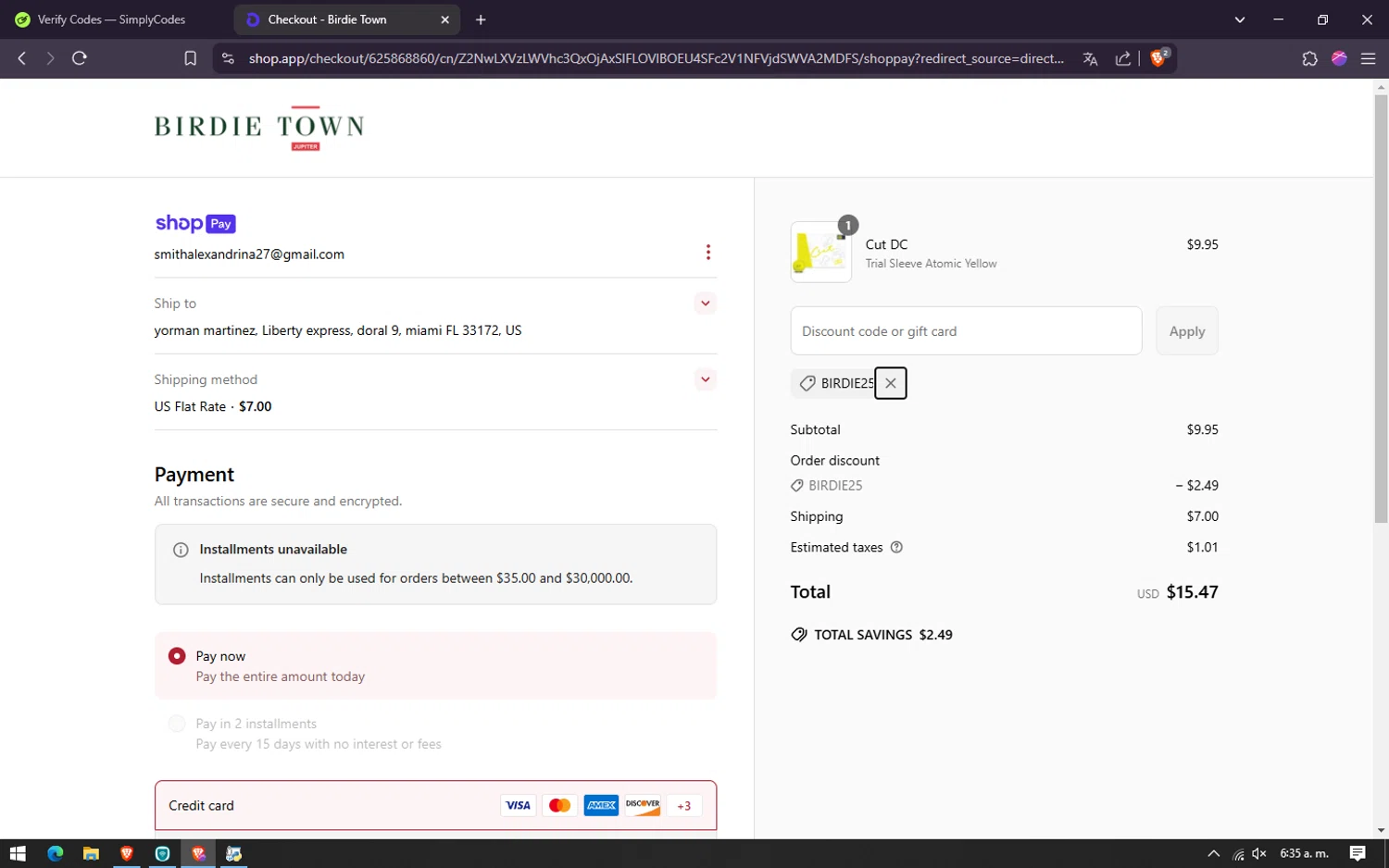Birdie Town discount code screenshot showing code Birdie25 applied at Birdie Town checkout page. Uploaded by SimplyCodes community member lareinadecupones on Mar 30, 2025