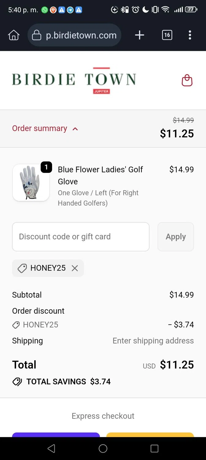 Birdie Town discount code screenshot showing code HONEY25 applied at Birdie Town checkout page. Uploaded by SimplyCodes community member Georg3 on Nov 20, 2025