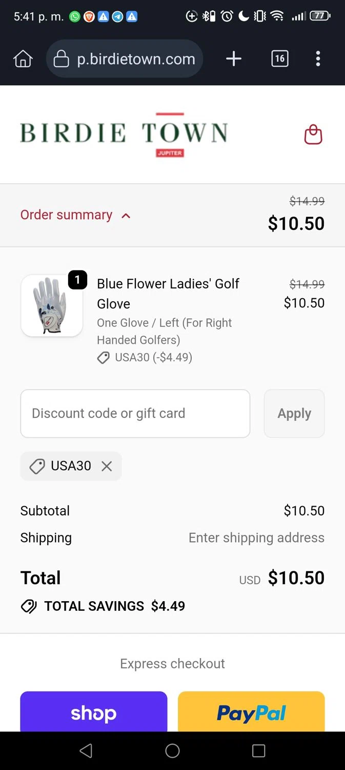 Birdie Town discount code screenshot showing code USA30 applied at Birdie Town checkout page. Uploaded by SimplyCodes community member Madurocupones on Nov 20, 2025