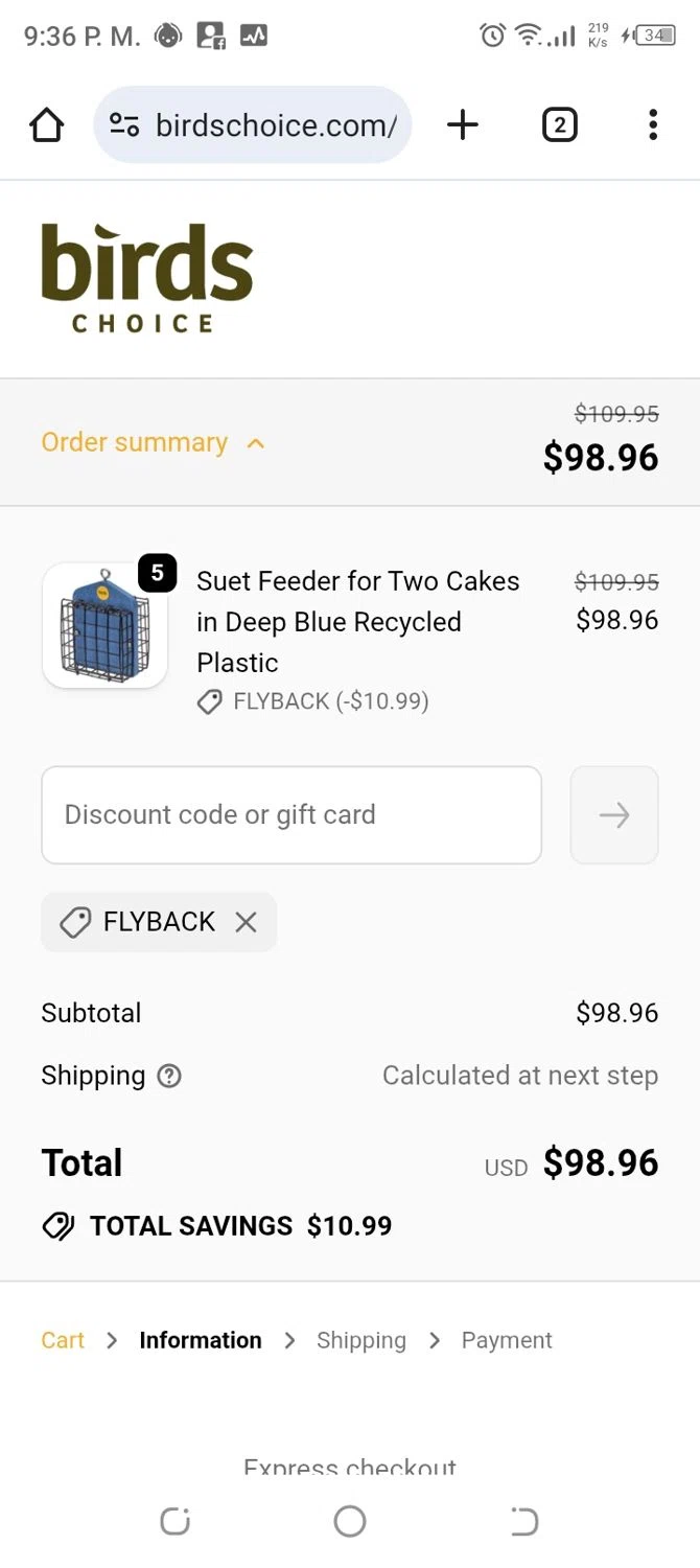 Birds Choice discount code screenshot showing code FLYBACK applied at Birds Choice checkout page. Uploaded by SimplyCodes community member CoinBoss7109 on Sep 25, 2025