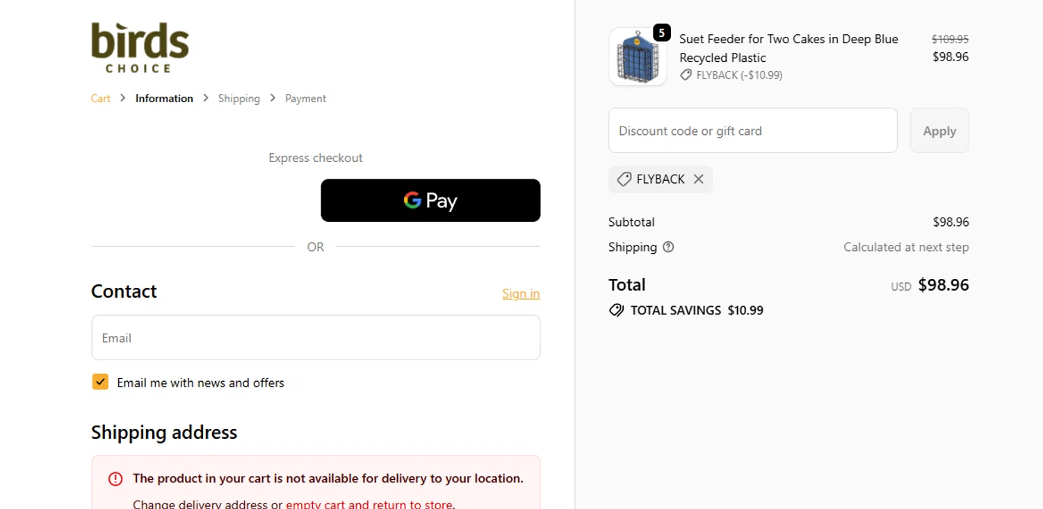 Birds Choice discount code screenshot showing code FLYBACK applied at Birds Choice checkout page. Uploaded by SimplyCodes community member Sarabiao on Nov 14, 2025