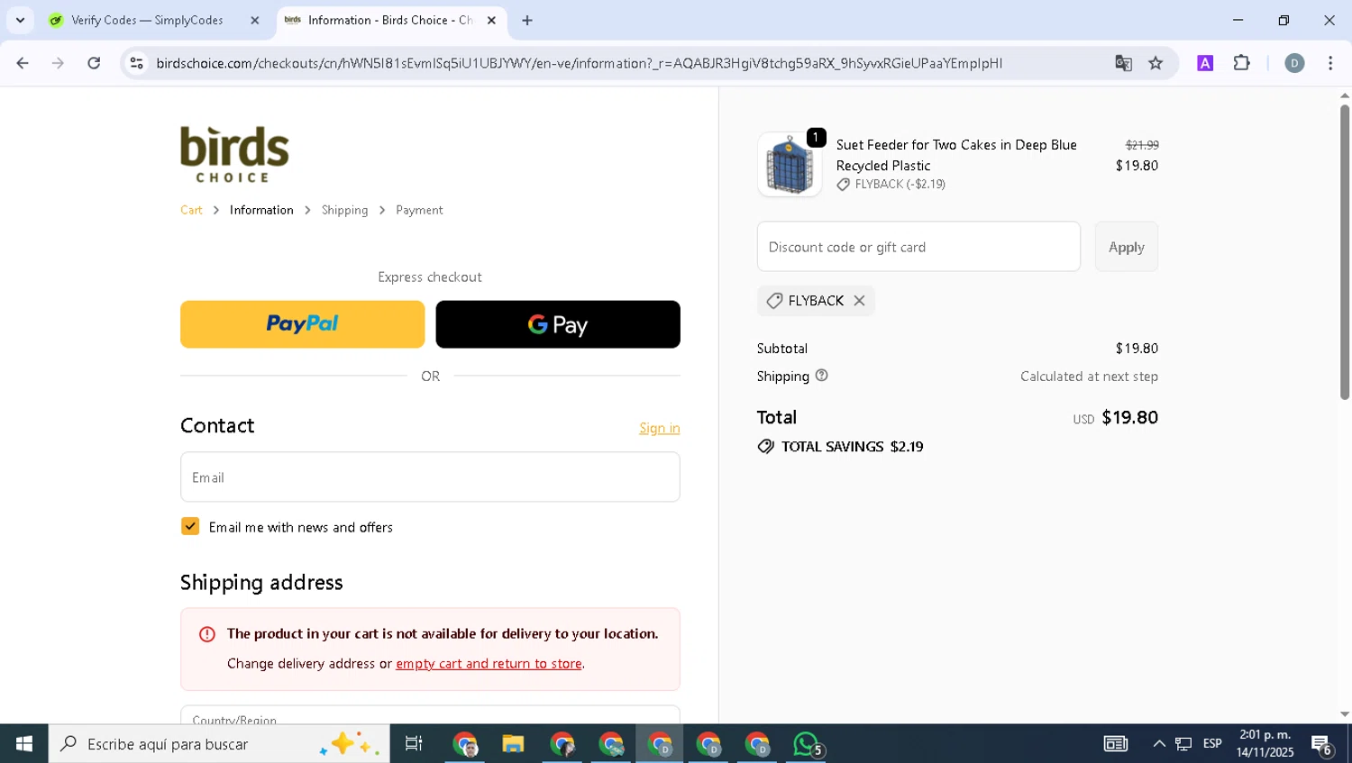 Birds Choice discount code screenshot showing code FLYBACK applied at Birds Choice checkout page. Uploaded by SimplyCodes community member SavvyWizard1706 on Nov 14, 2025