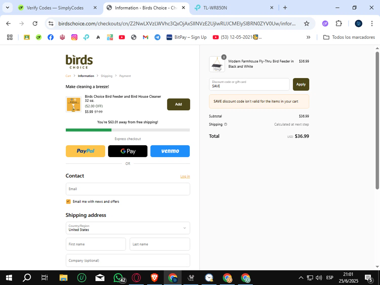 Birds Choice discount code screenshot showing code SAVE applied at Birds Choice checkout page. Uploaded by SimplyCodes community member SunJinWoo on Jun 26, 2025