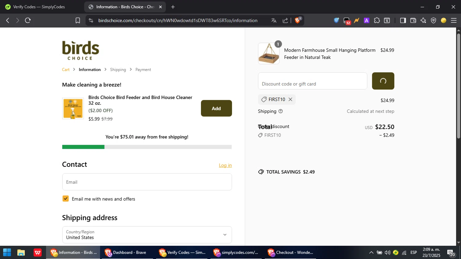 Birds Choice discount code screenshot showing code FIRST10 applied at Birds Choice checkout page. Uploaded by SimplyCodes community member MoneyPilot9165 on Jul 23, 2025