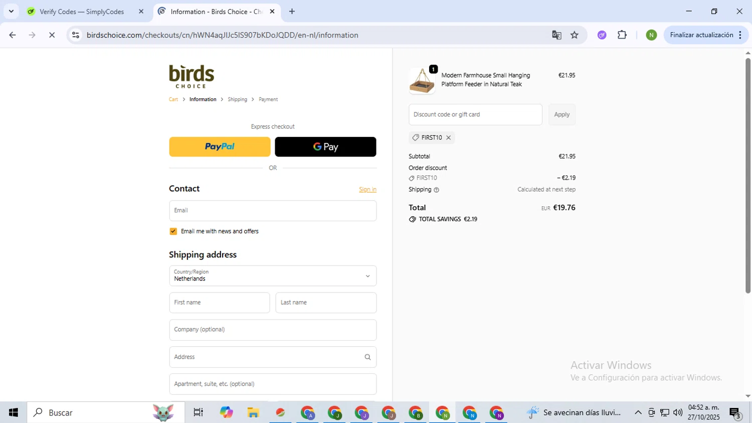 Birds Choice discount code screenshot showing code FIRST10 applied at Birds Choice checkout page. Uploaded by SimplyCodes community member TokenMaverick6956 on Oct 27, 2025